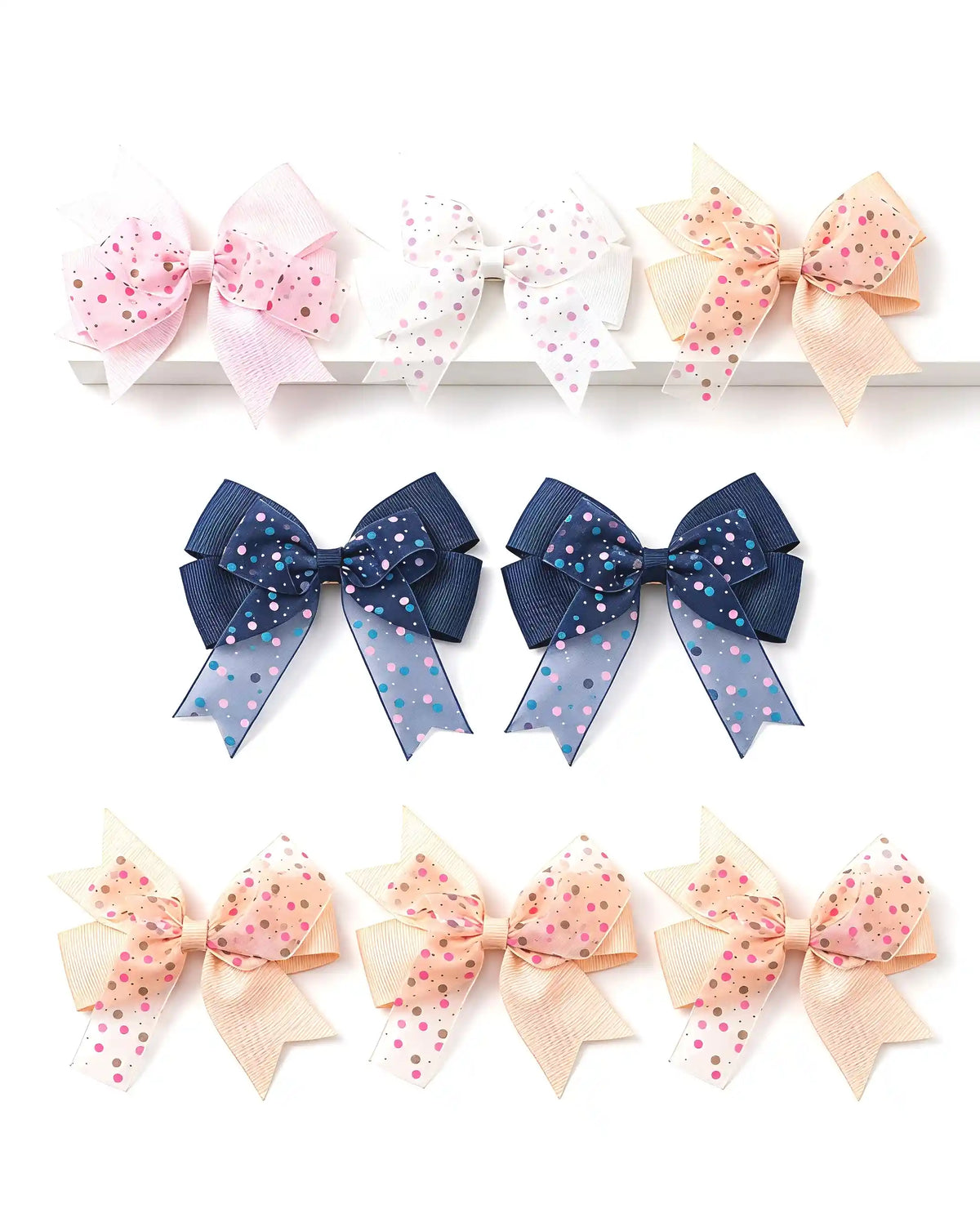 Polka Dot Hair Bow Clips for Girls - Ribbon Bows, Light Look