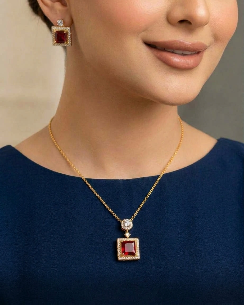Red Stone Pendant Set for Women with Ring