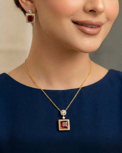 Red Stone Pendant Set for Women with Ring