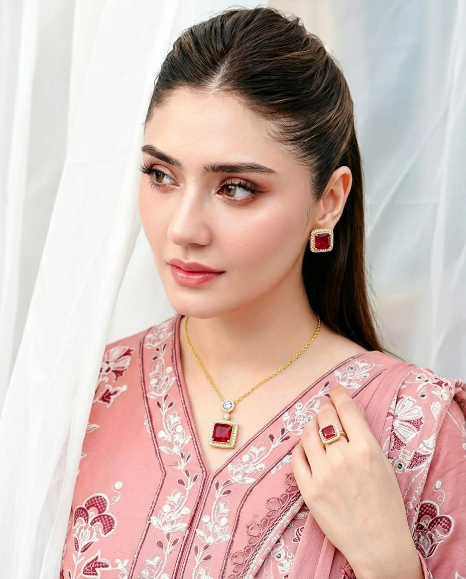 Red Stone Pendant Set for Women with Ring